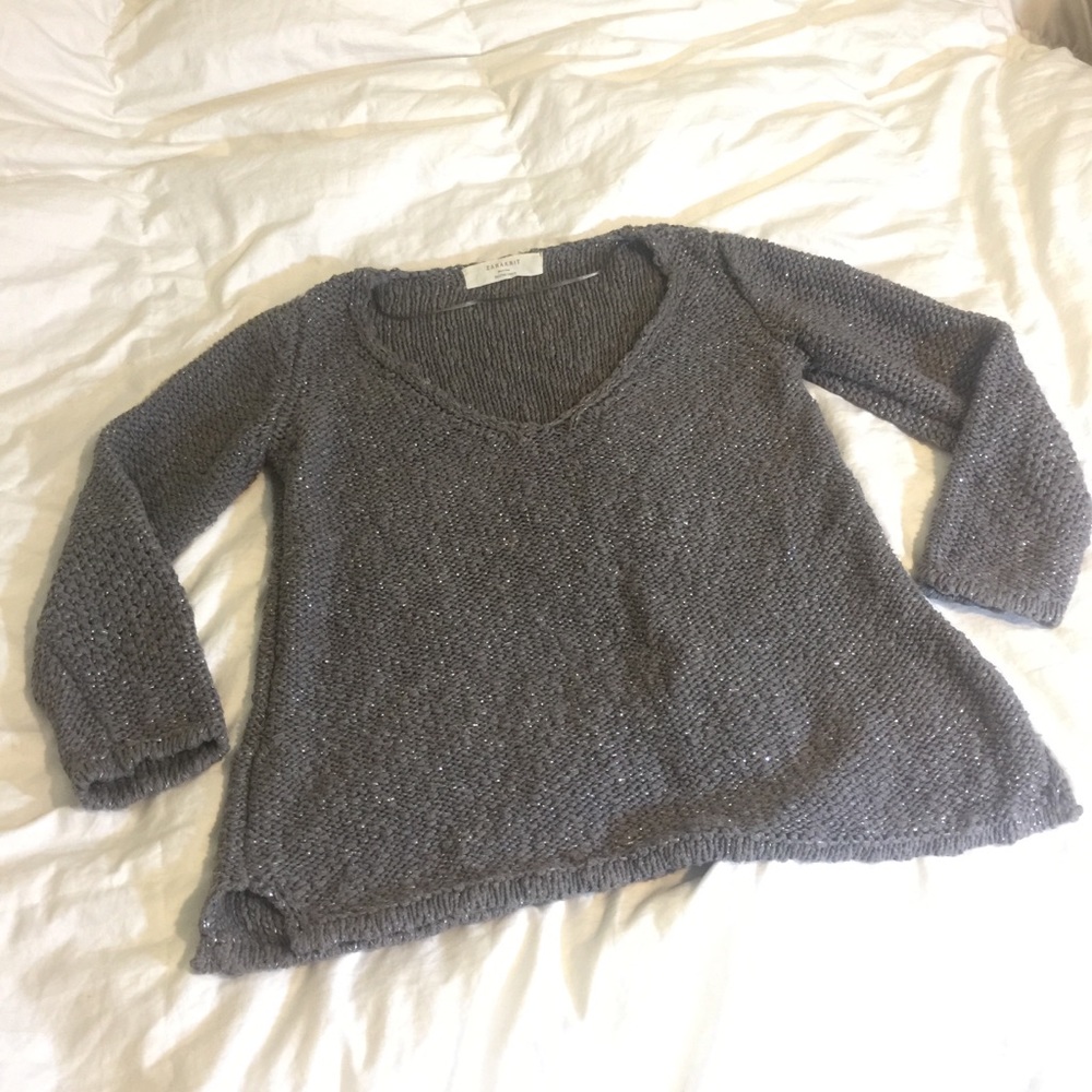 Cozy Gray V Neck Sweater with Glitter Detail
